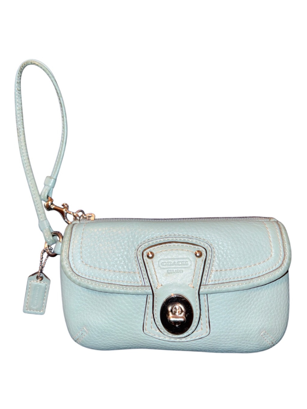 Coach Y2K Legacy Flap Pebbled Leather Wristlet in Seafoam
